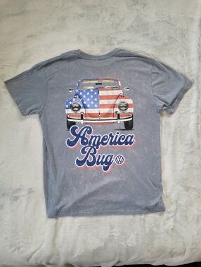 Volkswagen Mens Large 2 Sided Graphic Print VW Bug American Flag Car Tshirt USA